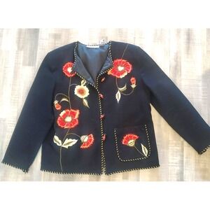 Drapers and Damons Jacket Womens L Black Red Embroidered Art to Wear Boho